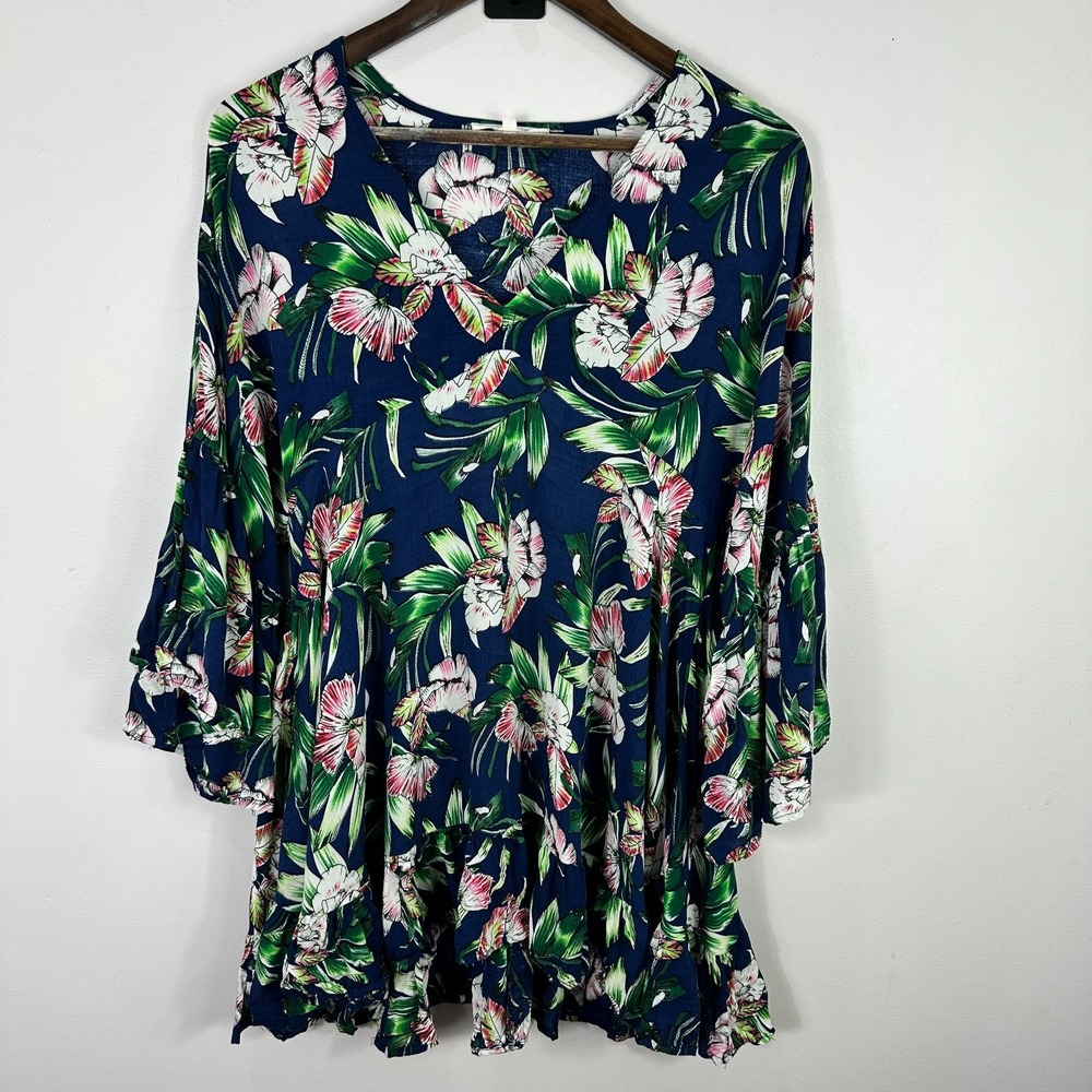 Label of Love Boho‎ Mini Dress Womens S Navy Tropical Floral Flowy Ruffle Hem